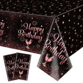 Pack of 2 Rose Gold Happy Birthday Tablecloths, 130 x 220 cm Black and Rose Gold Rectangle Tablecloth for Women Girls Birthday Party Decorations Accessories