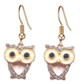 Owl Earrings In Gold with Rhinestones, Quirky and Handcrafted