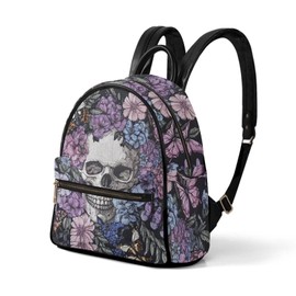 Snilety Gothic Backpack Purses for Women Floral Skull Small Backpacks with Front Zipper Pocket PU Leather Shoulders Bag for Travel Work