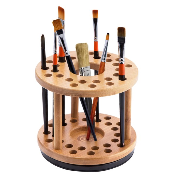 JackCubeDesign 360 Rotating Bamboo Watercolor Paint Brush Holder Water Coloring Brush Organiser Display Stand Tray Rack with 27 Holes and 1 Big Hole – MK441A