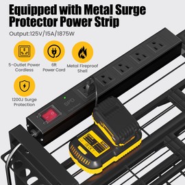 Large Power Tool Organizer Wall Mount with Charging Station for Garage, 400lbs Metal Storage Rack with 8 Cordless Drill Holder, 4 Tier Heavy Duty Battery Tool Shelf with 5 Outlet Power Strip