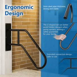 Mychoiii Handrails for Outdoor Steps Wall Mount,Heavy Duty Non-Slip Railings for 1-3 Steps, U-Shape Safety Handle for Garage, Porch, Garden (Dia 1" Pipe, Black)