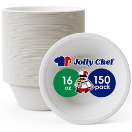 JOLLY CHEF Compostable Disposable Paper Bowl [16 oz] Heavy Duty Soup Bowls [150 Pack] Biodegradable Bagasse Hot Cold Food Bowls Eco-Friendly Sugarcane Bowls for Salad Dessert Milk Cereals