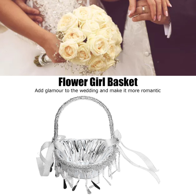 Wedding Flower Girl Basket Silver Hand Flower Basket Romantic Rhinestone