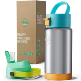 AOHEA 12oz Insulated Water Bottle with Straw, Kids Stainless Steel Double Walled Vacuum Sports Water Bottle with 2 Lids (Straw and Spout Lid) for Boys and Girls, School(Blue)