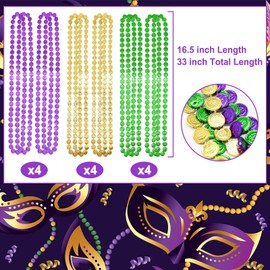 Temicle 12 Pcs 33" Mardi Gras Beads Necklace - Round Gold Green Purple Plastic Bead Necklaces Bundle for Mardi Gras Throws, Party Costume, St Patrick's Day Decorations