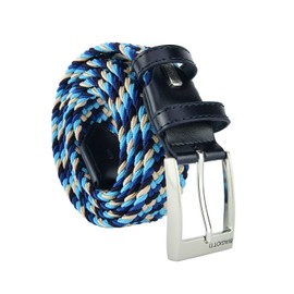 Biagiotti Men's and Women's Braided Elastic Belt with Genuine Leather Inserts and Gift Box, Blue light blue mix