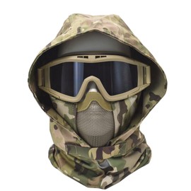 JFFCESTORE Ear Protection Foldable Half Face Airsoft Mesh Mask with Goggles and Headgear Hoods Protective Paintball Headgear Mask Tactical Lower Face Protective Mask CP