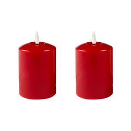 Set of 2 LED Red Wax Pillar Candles - 3 Size Options - 13.5cm