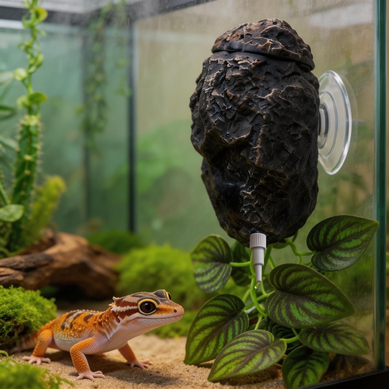 Reptile Water Dish with Dripper, Adjustable Wall-Mounted Water Bowl for