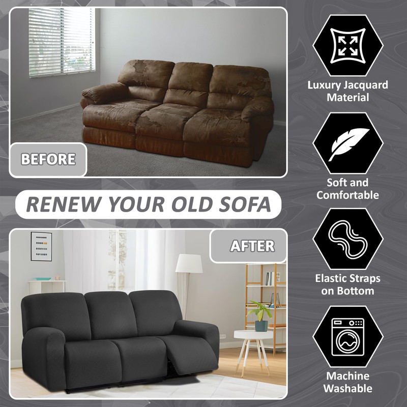 ULTICOR Squared Jacquard Design 8-Pieces Recliner Sofa Covers Stretch Reclining