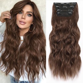 ALXNAN Clip in Hair Extensions for Women,Light Brown Long Wavy Hair Extensions Clip Ins 4PCS 24 Inch Synthetic Soft and Natural Thick Hair Pieces for Women