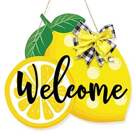 Lemon Welcome Door Sign Summer Farmhouse Wooden Front Door Hanger, 13.7''x12.5'' Fresh Lemon with Yellow Black White Buffalo Plaid Bowknot, Summer Gift Ideas for Parents, Friends, Teachers