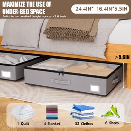 EE-RoomWorld Under Bed Storage with Wheels, No Assemble Required 5.5 inches height grey Under Bed Storage,Low Profile Rolling Under bed Shoe Storage containers，for Clothes Blankets dorm storage