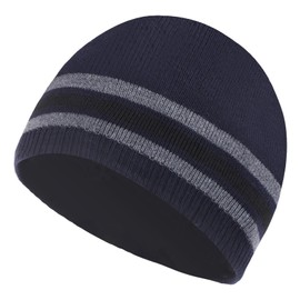 CHUANGLI Mens Winter Beanie Hat Striped Warm Knit Plain Ski Skull Cap Ribbed Stocking Hat for Men/Big Kids Navy
