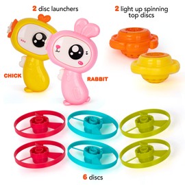 ArtCreativity Flying Disc Launcher Toys - Set of 2 Disc Shooters for Kids - Light Up Flying Disk Launcher for Girls & Boys with 4 Spinning Disks Each - Cute Chick and Rabbit Design - Kids Shooter Toys