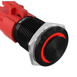 APIELE 16mm Latching Push Button Switch 12V On Off Aluminium Shell with LED, Waterproof High Round Cap for 0.63" Mounting Hole with Wire Socket Plug Self-Locking (Black Shell/Red)