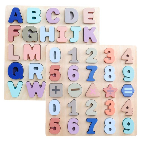 GEMEM Wooden Puzzles for Toddlers, Alphabet ABC Upper Case Letter and Number Wood Montessori Learning Board Educational Toys for Boys Girls Set of 2