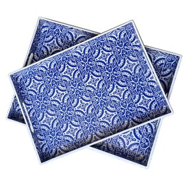 Umisriro 2 Pack Serving Tray with Handles, Rectangular Decorative Trays for Coffee Table, Modern Blue Plastic Ottoman Tray for Living Room, Bathroom, Kitchen, Decor, (Boho Blue)