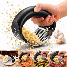 Stainless Steel Garlic Press, Heavy Duty Garlic Crusher Mincer with Ergonomic Handle, Easy Squeeze Garlic Presser for Kitchen Cooking (Black)