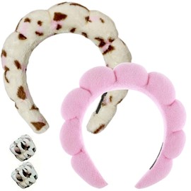 Spa Headband for Washing Face, Makeup Headband, Bubble Skincare Headbands with Face Wash Wristbands, Terry Towelling Headband, Soft Puffy Headband for Women, Gifts (Pink+)