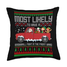 Most Likely to Have a Snowball Fight in the Front Xmas Christmas Family Pajama Throw Pillow, 18x18, Multicolor