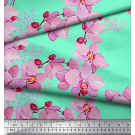 Soimoi Green Viscose Chiffon Fabric Bird & Orchids Flower Print Fabric BTY 42 Inch Wide