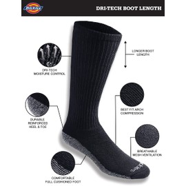 Dickies Men's Multi-Pack Dri-tech Moisture Control Boot-Length Socks, Black (6 Pairs), Shoe Size: 6-12