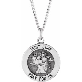 Solid 925 Sterling Silver 18mm Round Pray for Us St. Saint Luke Medal Charm Pendant Chain Necklace (18mm)