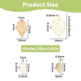 DICOSMETIC 80Pcs 4 Styles Filigree Leaves Charm Stainless Steel Leaf Charms Tree Leaves Charm Golden Leaf Pattern Charms Metal Hollow Pendant for Jewelry Making, Hole: 0.8-1mm