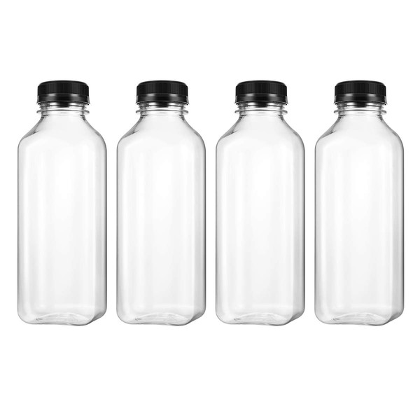UKCOCO PET plastic empty storage containers, drinking bottles with lid, for juice, with black screw caps, 4 pcs