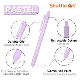 Shuttle Art Retractable Pastel Gel Ink Pens, 15 Pack Black Ink Pens, Cute Pens 0.5mm Fine Point for Writing Journaling Taking Notes School Office Home