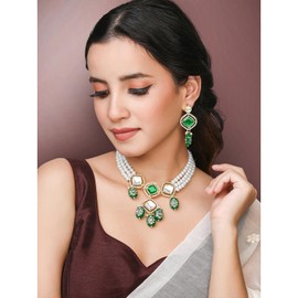 Aheli Green Synthetic Stone Cubic Zirconia & Beads Studded Necklace Drop Earrings Ethnic Fashion Jewellery Set Gift for Women