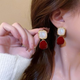 Allereya Vintage Teardrop Coral Dangle Earrings Red Coral Earrings Square Pearl Drop Earrings Coral Pearl Wedding Earrings Jewelry for Women and Girls