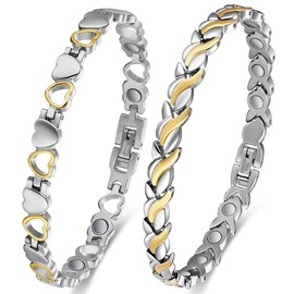 Vicmag Magnetic Bracelets for Women Titanium Steel Brazaletes Ultra Strength Magnetic Adjustable with Removal Tool and Gift Box (2 Pcs Silver and Gold)