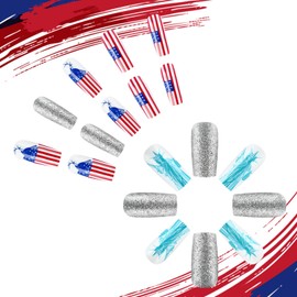 4th of July Press on Nails Square Long Fake Nails Independence Nails Press ons Statue of Liberty Red Lines Pattern Design Silver Glitter Glue on Nails White July 4th False Nails for Girls Women 24Pcs