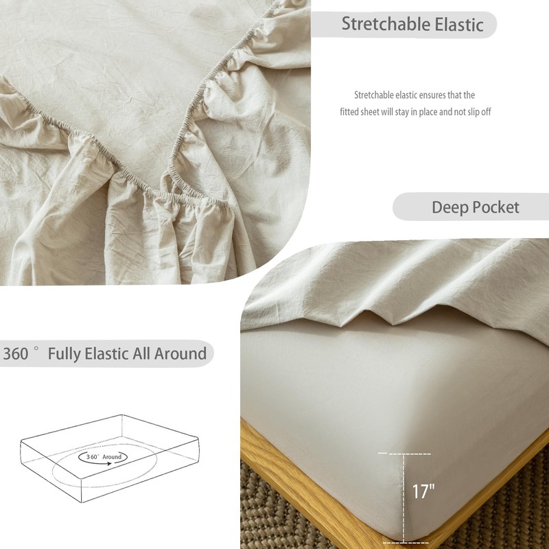 MooMee Bedding Sheet Set 100% Washed Cotton Linen Like Textured