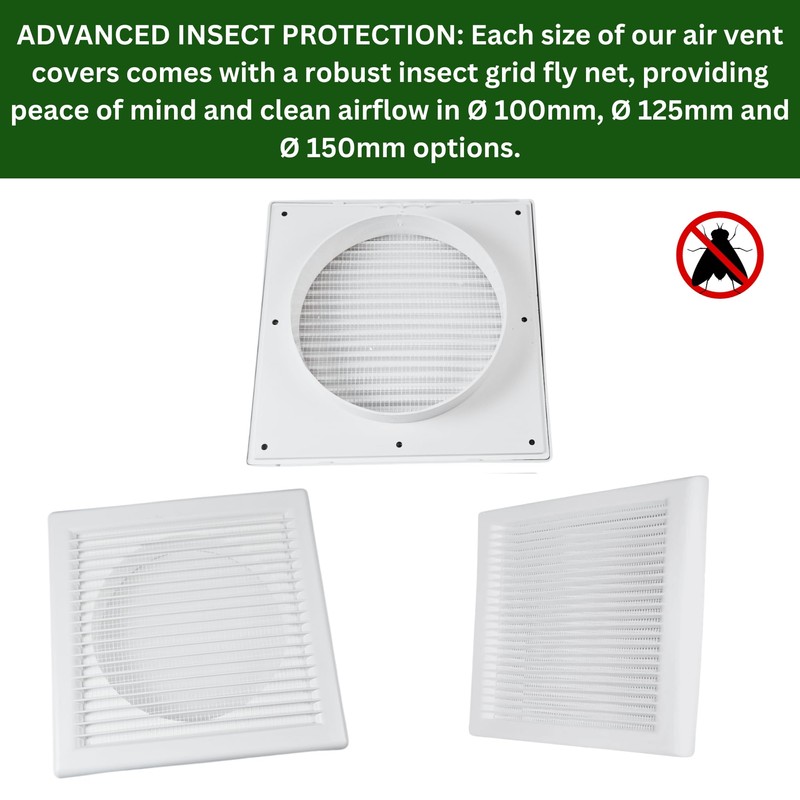 Square White Ventilation Grille with Flyscreen - Round Ø 150mm