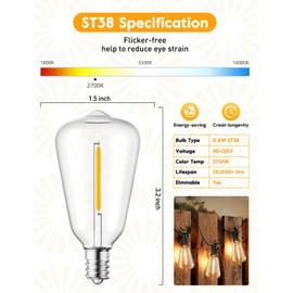 Brightown 15 Pack ST38 LED Light Bulbs, Outdoor String Light Replacement Dimmable Shatterproof Bulbs, 0.6W Equivalent to 7W Incandescent Bulbs, E12/C7 Base (Not Work with Solar String Lights)