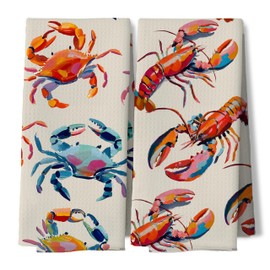 Coastal Beach Crab Crawfish Kitchen Dish Towels, Lobster Beach Lover Gifts, Summer Ocean Nautical Pastel Colorful Crab Decorative Hand Tea Towels for Bathroom Kitchen, 16x24 Inches Set of 2