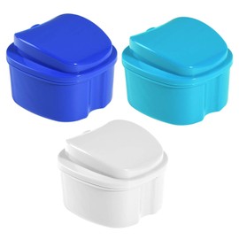 KISEER 3 Pack Colors Denture Bath Case Cup Box Holder Storage Soak Container with Strainer Basket for Travel Cleaning (White, Blue, Light Blue)