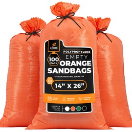 Woven Polypropylene Sand Bags for Flooding, Gravel -14" x 26" Sacks 50 lb Weight Limit, Military Grade Reusable Refillable Sand Bag for Hurricane Flood Protection, Empty Sandbags Orange, Bundle of 100
