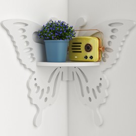 Butterfly Corner Shelf Nursery Wall Deor Floating Corner Shelf for Kid’s Room, Small Cute Decorative Shelf Wall Mounted, White Hanging Hollow Out Shelf for Toys, Plants and Decorations Storage, White