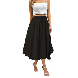 Abaadlw Maxi Skirts for Women with Pockets Long Midi Length Casual Skirt for Beach Party Holiday Solid Black