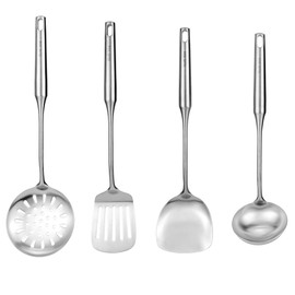 18/8 Stainless Steel Kitchen Utensils Set, 4 PCS 15in Metal Cooking Utensil Gadgets Tools Set with Spatula, Deep Ladle, Skimmer, Slotted Spatula Turner, Dishwasher Safe (4Pack)