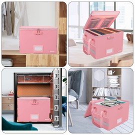 ENGPOW File Box with Lock, Fireproof Document Box with Pockets, Collapsible File Organizer Filing Storage Cabinet with Handle, Portable Home Office Safe for Hanging Letter/Legal Folders, Pink, 2 Pack