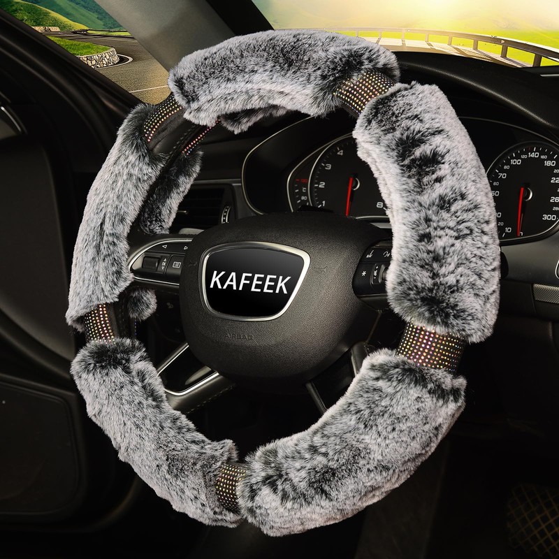 KAFEEK Diamond Fluffy Microfiber Plush Steering Wheel Cover with Bling