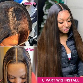 Nvnvdij Highlight Ombre Straight U Part Wig FB30 Color Human Hair Wigs Brazilian Straight Wig Glueless Wigs For Women Human Hair 180% Density (24 Inch, FB30 Highlight Ombre Brown)