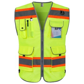 TCCFCCT Hi Vis Vest 9 Pockets High Visibility Reflective Safety Vest for Men Women, Construction Work Vest with Fluorescent Orange Extend Edge, Durable to Use, Meets ANSI/ISEA, (DB-Yellow, Medium)