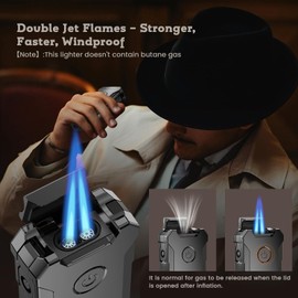 5-in-1 Torch Lighter with Tool, Holder, Punch, Draw Enhancer Tool, Double Jet Flame, Windproof Lighters, Gifts for Men, Rechargeable Refillable Butane Lighter, Cool Lighters for Men Candles (Gray)